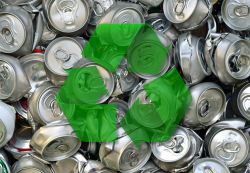 Close-up image of a pile of numerous silver aluminium beverage cans, some with pull tabs in the closed position, stacked in various orientations on a flat surface. The cans feature smooth, metallic textures with reflective finishes, and show slight creases and indentations. Overlaid on the cans is a green recycling symbol, composed of three arrows forming a triangle, emphasizing waste recycling themes. The background appears to be a greyish surface, possibly a concrete or paved ground, suggesting an outdoor or industrial setting typical of rubbish collection sites in Edmonton. This image highlights the importance of waste management and recycling services offered by Garden Clearance Edmonton for compacted aluminium cans and similar rubbish in outdoor areas or gardens in the local area, including the postcode area serving the town.